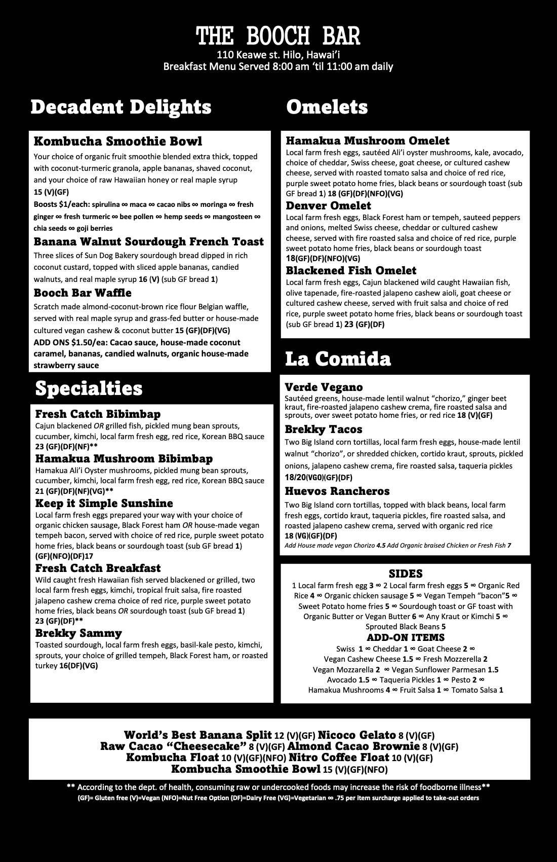 The Booch Bar breakfast menu