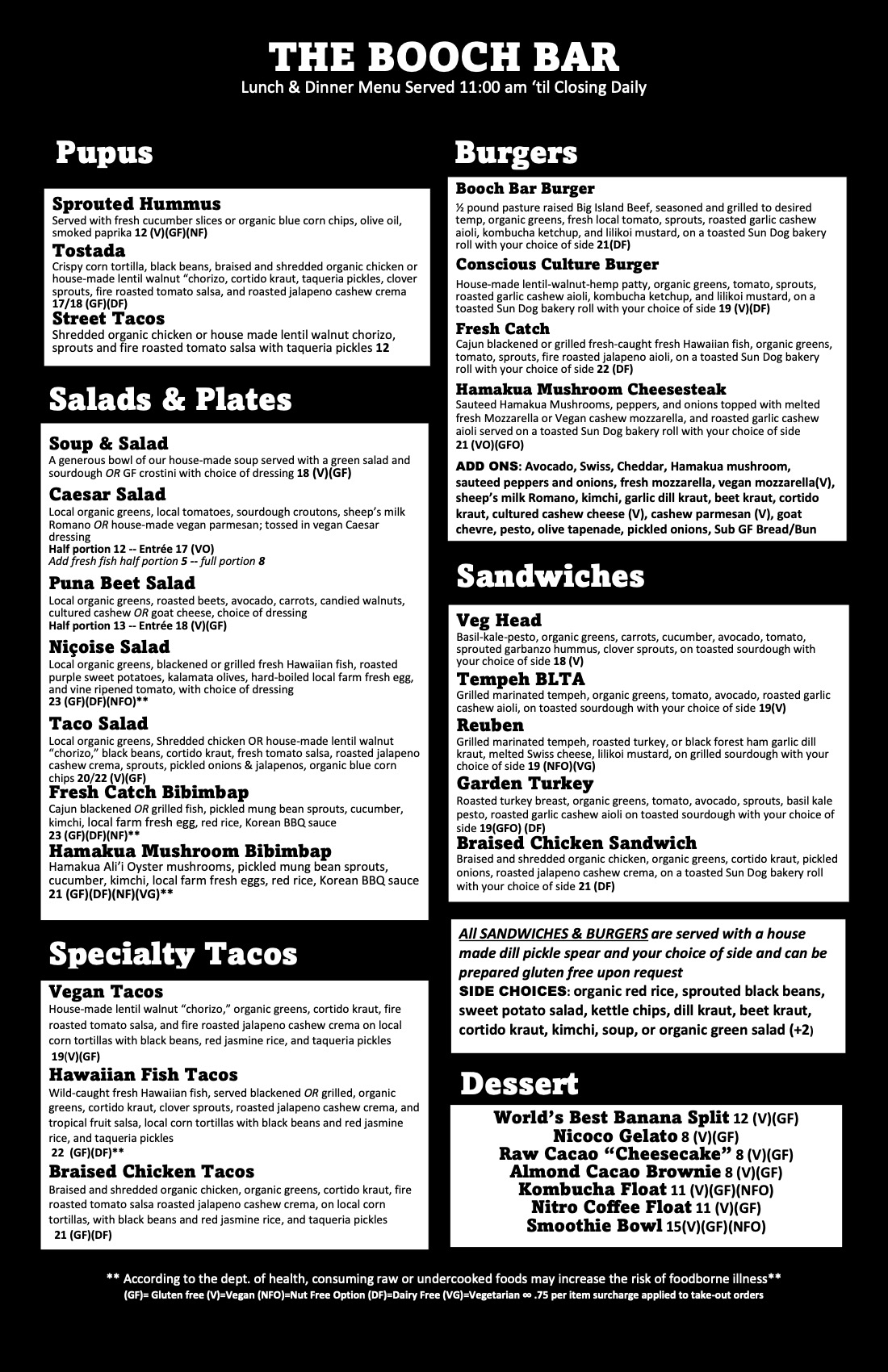 The Booch Bar lunch menu